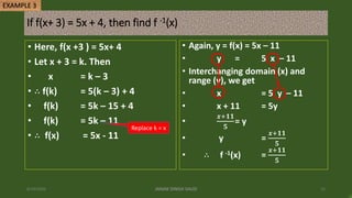 If f(x+ 3) = 5x + 4, then find f -1(x)
• Here, f(x +3 ) = 5x+ 4
• Let x + 3 = k. Then
• x = k – 3
• ∴ f(k) = 5(k – 3) + 4
• f(k) = 5k – 15 + 4
• f(k) = 5k – 11
• ∴ f(x) = 5x - 11
6/19/2020 JANAK SINGH SAUD 12
EXAMPLE 3
• Again, y = f(x) = 5x – 11
• y = 5 x – 11
• Interchanging domain (x) and
range (y), we get
• x = 5 y – 11
• x + 11 = 5y
•
𝒙+𝟏𝟏
𝟓
= y
• y =
𝒙+𝟏𝟏
𝟓
• ∴ f -1(x) =
𝒙+𝟏𝟏
𝟓
Replace k = x
 