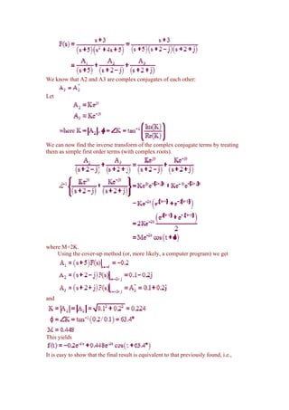 We know that A2 and A3 are complex conjugates of each other:

Let




We can now find the inverse transform of the complex conjugate terms by treating
them as simple first order terms (with complex roots).




where M=2K.
    Using the cover-up method (or, more likely, a computer program) we get




and




This yields


It is easy to show that the final result is equivalent to that previously found, i.e.,
 