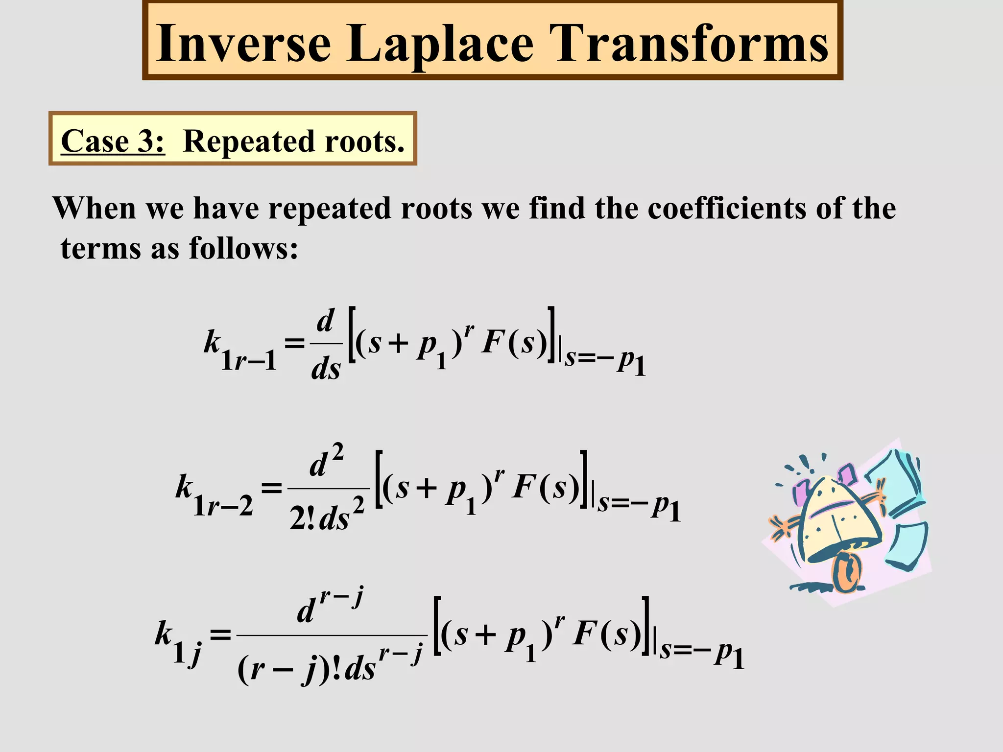 Inverse Laplace Transforms
Case 3: Repeated roots.
When we have repeated roots we find the coefficients of the
terms as follows:
[ ]|
111
)()( 1 psr
sFps
ds
d
k r
−=−
+=
[ ]|
121
)()(
!2 12
2
psr
sFps
ds
d
k r
−=−
+=
[ ]|
11
)()(
)!( 1 psj
sFps
dsjr
d
k r
jr
jr
−=+
−
= −
−
 
