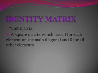  A square matrix which has a 1 for each element on the main diagonal and 0 for all other elements.