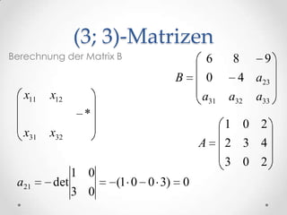 (3; 3)-Matrizen
Berechnung der Matrix B              6     8      9
                                 B   0      4 a23
   x11   x12                         a31   a32   a33
                *
                                           1 0 2
   x31   x32
                                     A     2 3 4
                                           3 0 2
               1 0
 a21     det         (1 0 0 3)   0
               3 0
 