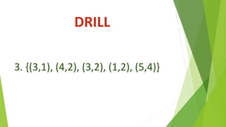 DRILL
3. {(3,1), (4,2), (3,2), (1,2), (5,4)}
 