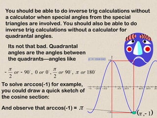 You should be able to do inverse trig calculations without
a calculator when special angles from the special
triangles are involved. You should also be able to do
inverse trig calculations without a calculator for
quadrantal angles.
Its not that bad. Quadrantal
angles are the angles between
the quadrants—angles like




180
,
90
2
,
0
0
,
90
2
or
or
or
or 




To solve arccos(-1) for example,
you could draw a quick sketch of
the cosine section:
           
 

x
y
y = cos(x)
And observe that arccos(-1) = 
 
1
,

 