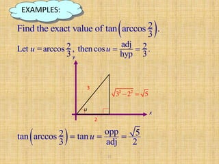 11
 2Find the exact value of tan arccos .
3
x
y
3
2
adj2 2Let =arccos , thencos .
3 hyp 3
u u  
2 2
3 2 5 
  opp 52tan arccos tan
3 adj 2
u  
u
EXAMPLES:
 