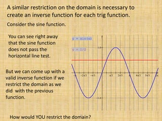 A similar restriction on the domain is necessary to
create an inverse function for each trig function.
Consider the sine function.
You can see right away
that the sine function
does not pass the
horizontal line test.
But we can come up with a
valid inverse function if we
restrict the domain as we
did with the previous
function.
How would YOU restrict the domain?
        


x
y
y = sin(x)
y = 1/2
14
 