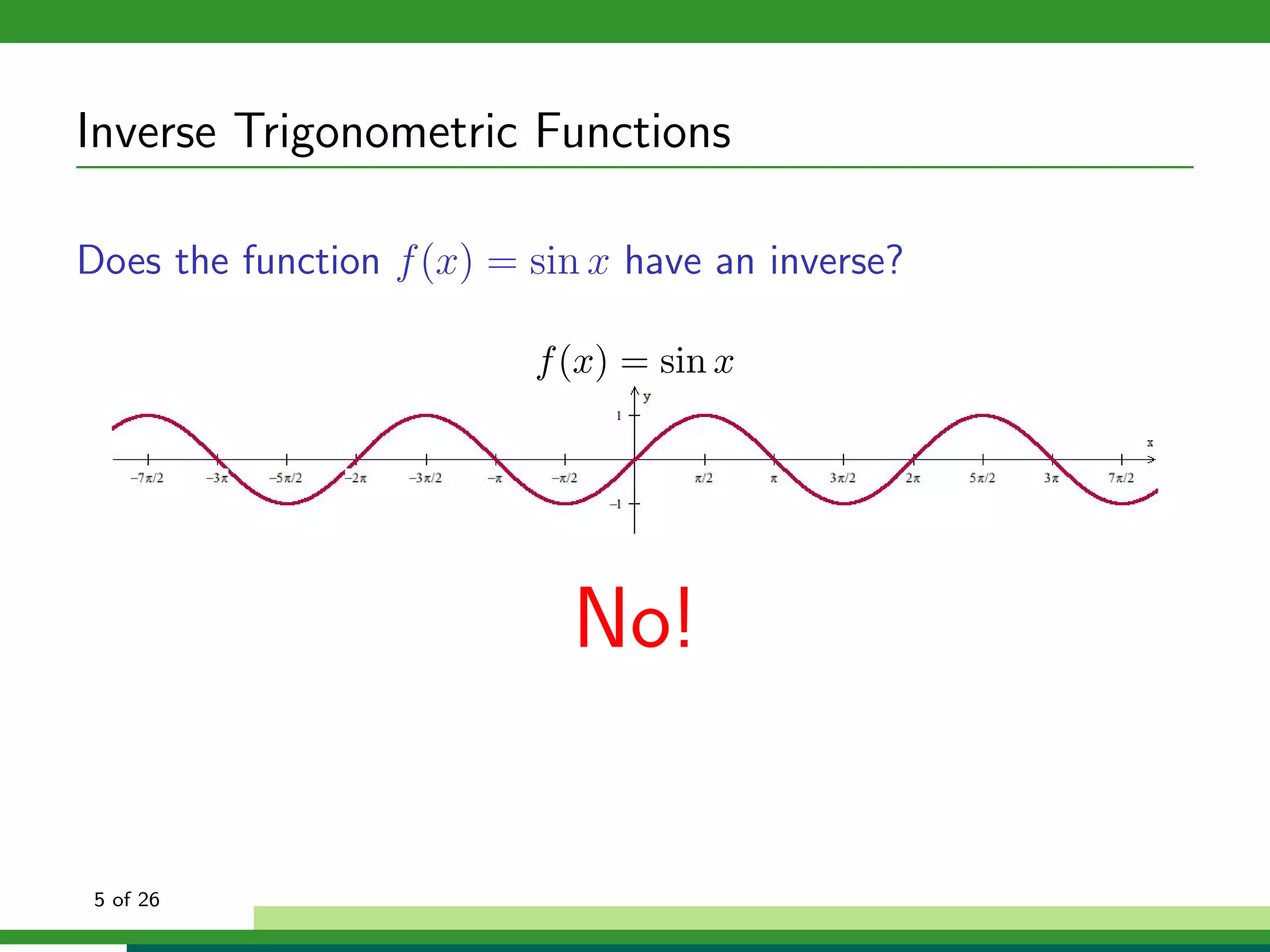 Inverse Trigonometric Functions

Does the function f (x) = sin x have an inverse?

                          f (x) = sin x




                            No!

 5 of 26
 