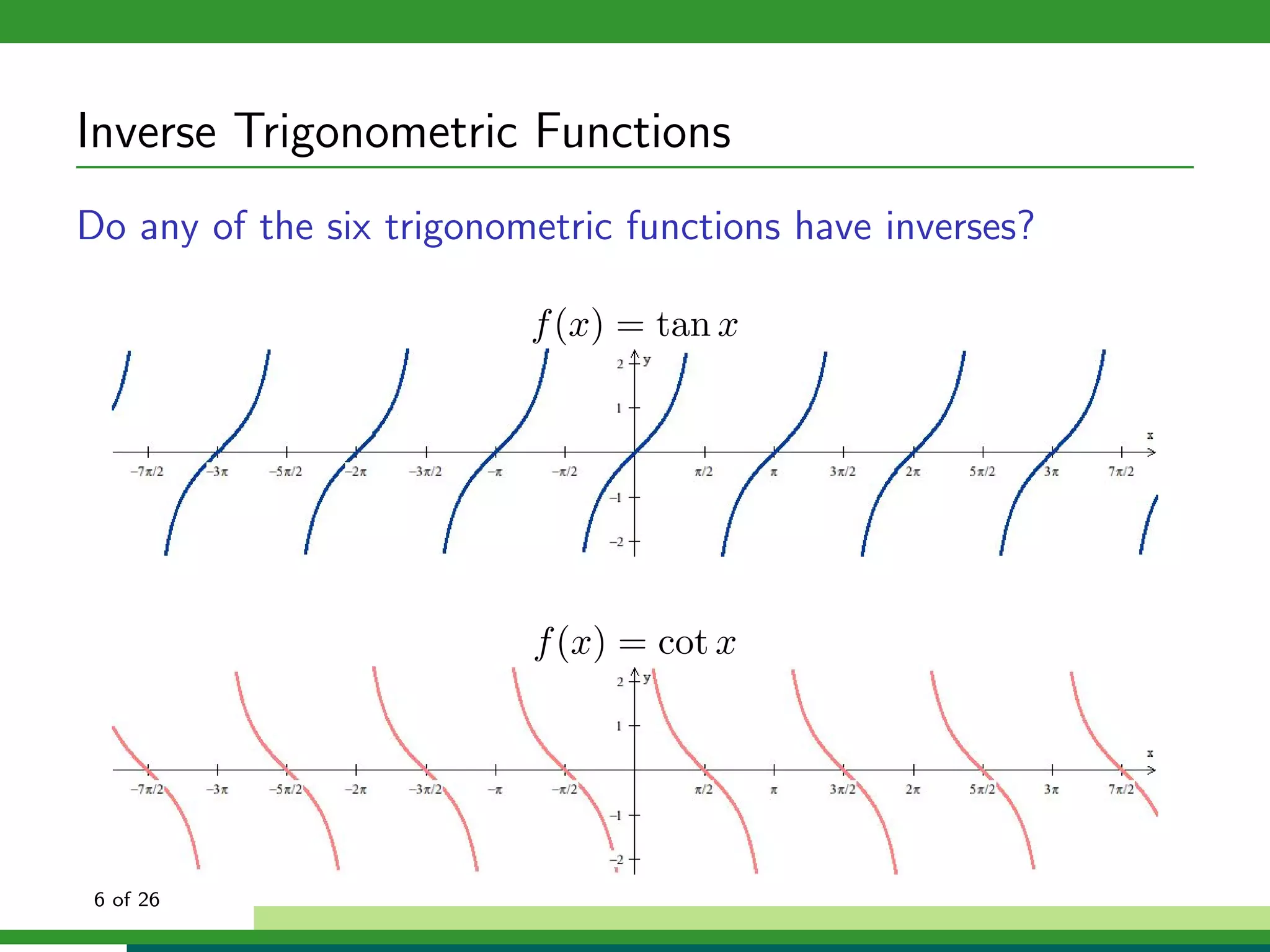 Inverse Trigonometric Functions
Do any of the six trigonometric functions have inverses?

                          f (x) = tan x




                          f (x) = cot x




 6 of 26
 