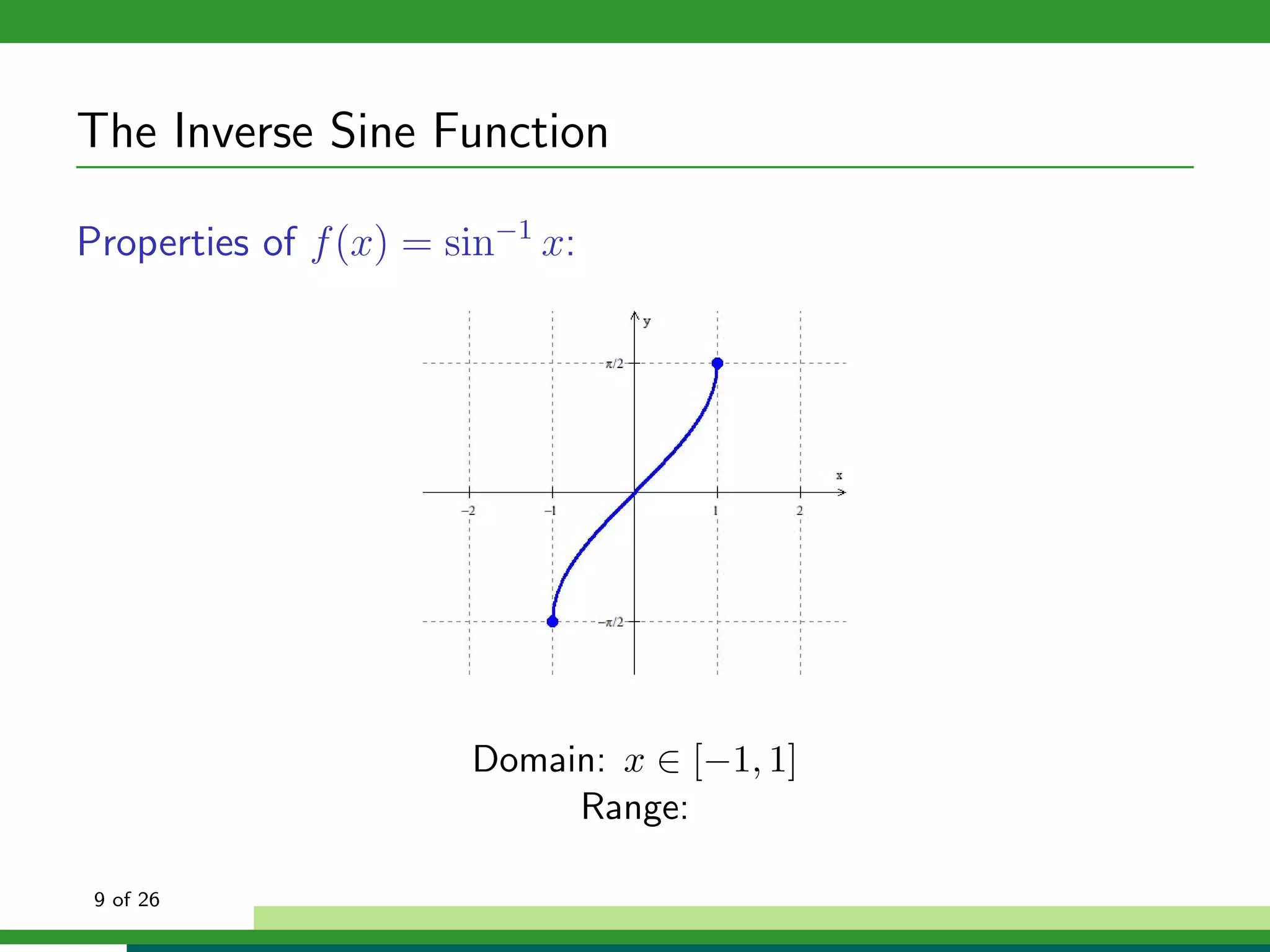 The Inverse Sine Function

Properties of f (x) = sin−1 x:




                       Domain: x ∈ [−1, 1]
                            Range:

 9 of 26
 