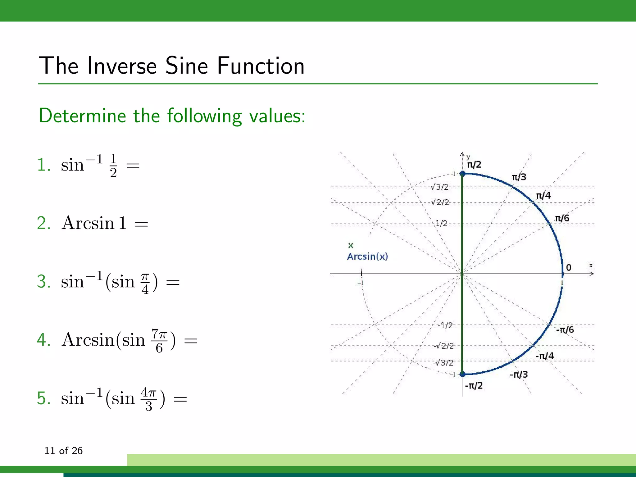 The Inverse Sine Function
Determine the following values:

1. sin−1    1
            2   =


2. Arcsin 1 =


3. sin−1 (sin π ) =
              4


4. Arcsin(sin 7π ) =
               6


5. sin−1 (sin 4π ) =
               3


 11 of 26
 