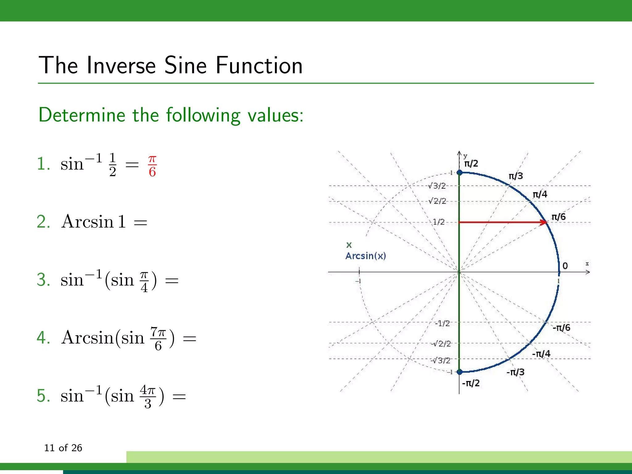 The Inverse Sine Function
Determine the following values:

1. sin−1    1
            2   =   π
                    6


2. Arcsin 1 =


3. sin−1 (sin π ) =
              4


4. Arcsin(sin 7π ) =
               6


5. sin−1 (sin 4π ) =
               3


 11 of 26
 