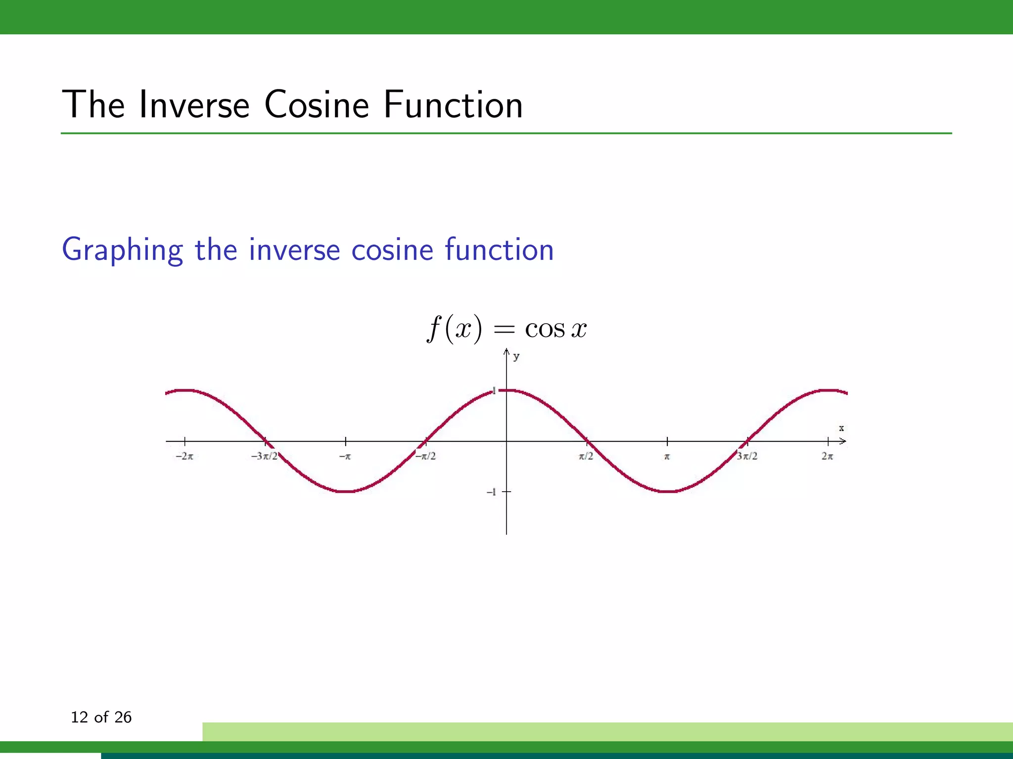 The Inverse Cosine Function


Graphing the inverse cosine function

                          f (x) = cos x




12 of 26
 