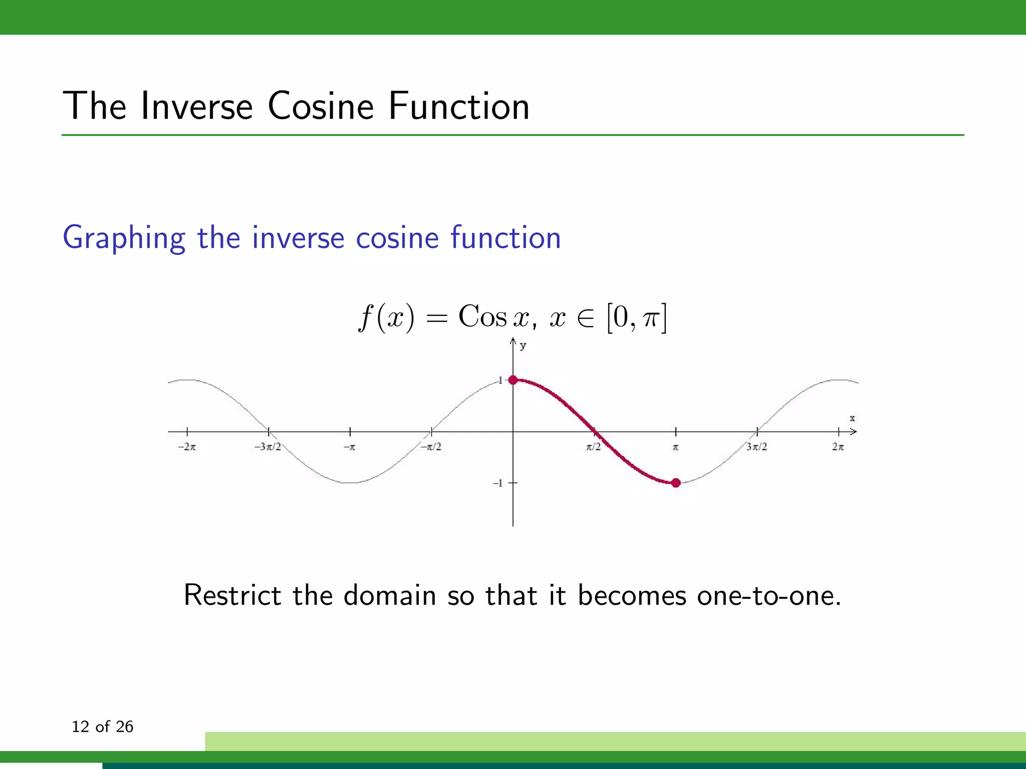 The Inverse Cosine Function


Graphing the inverse cosine function

                        f (x) = Cos x, x ∈ [0, π]




           Restrict the domain so that it becomes one-to-one.



12 of 26
 