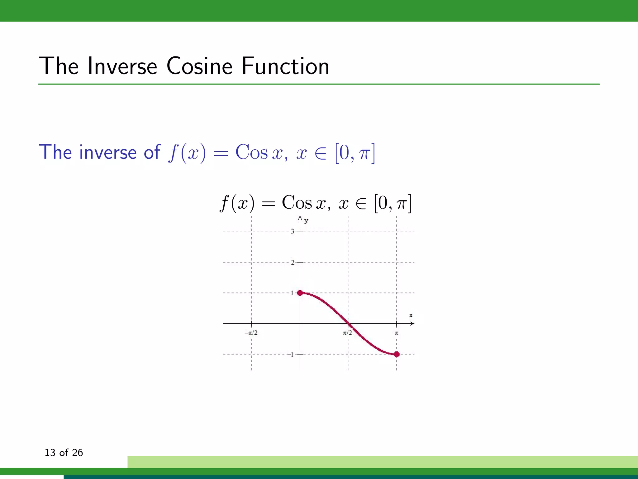 The Inverse Cosine Function


The inverse of f (x) = Cos x, x ∈ [0, π]

                     f (x) = Cos x, x ∈ [0, π]




13 of 26
 