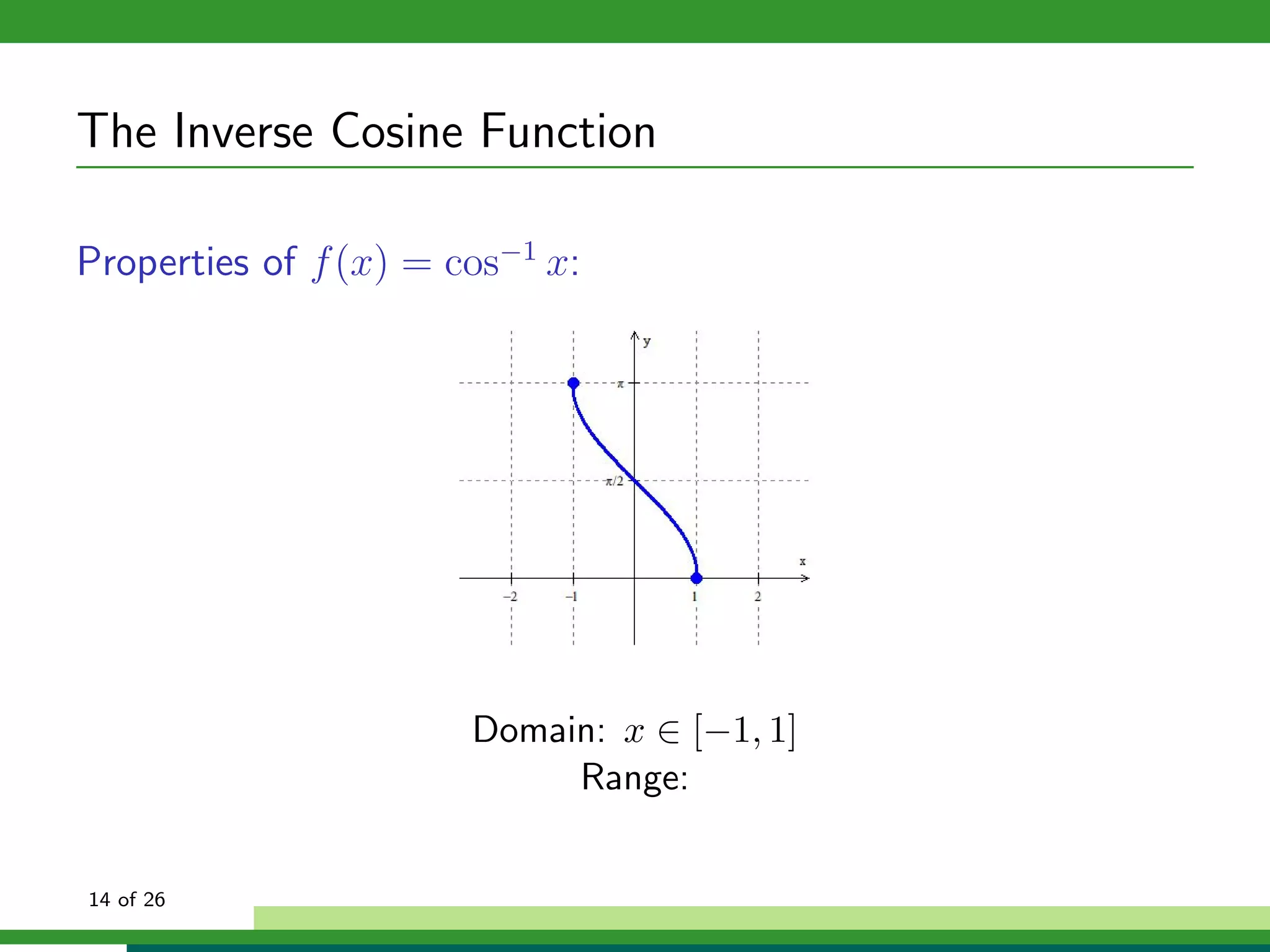 The Inverse Cosine Function

Properties of f (x) = cos−1 x:




                       Domain: x ∈ [−1, 1]
                            Range:


14 of 26
 