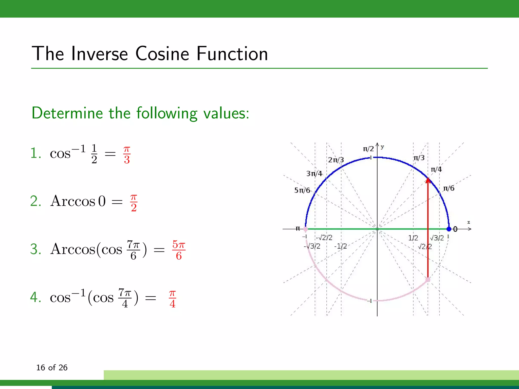 The Inverse Cosine Function

Determine the following values:

1. cos−1   1
           2   =   π
                   3


                   π
2. Arccos 0 =      2


3. Arccos(cos 7π ) =
               6
                       5π
                        6


4. cos−1 (cos 7π ) =
               4
                       π
                       4




16 of 26
 