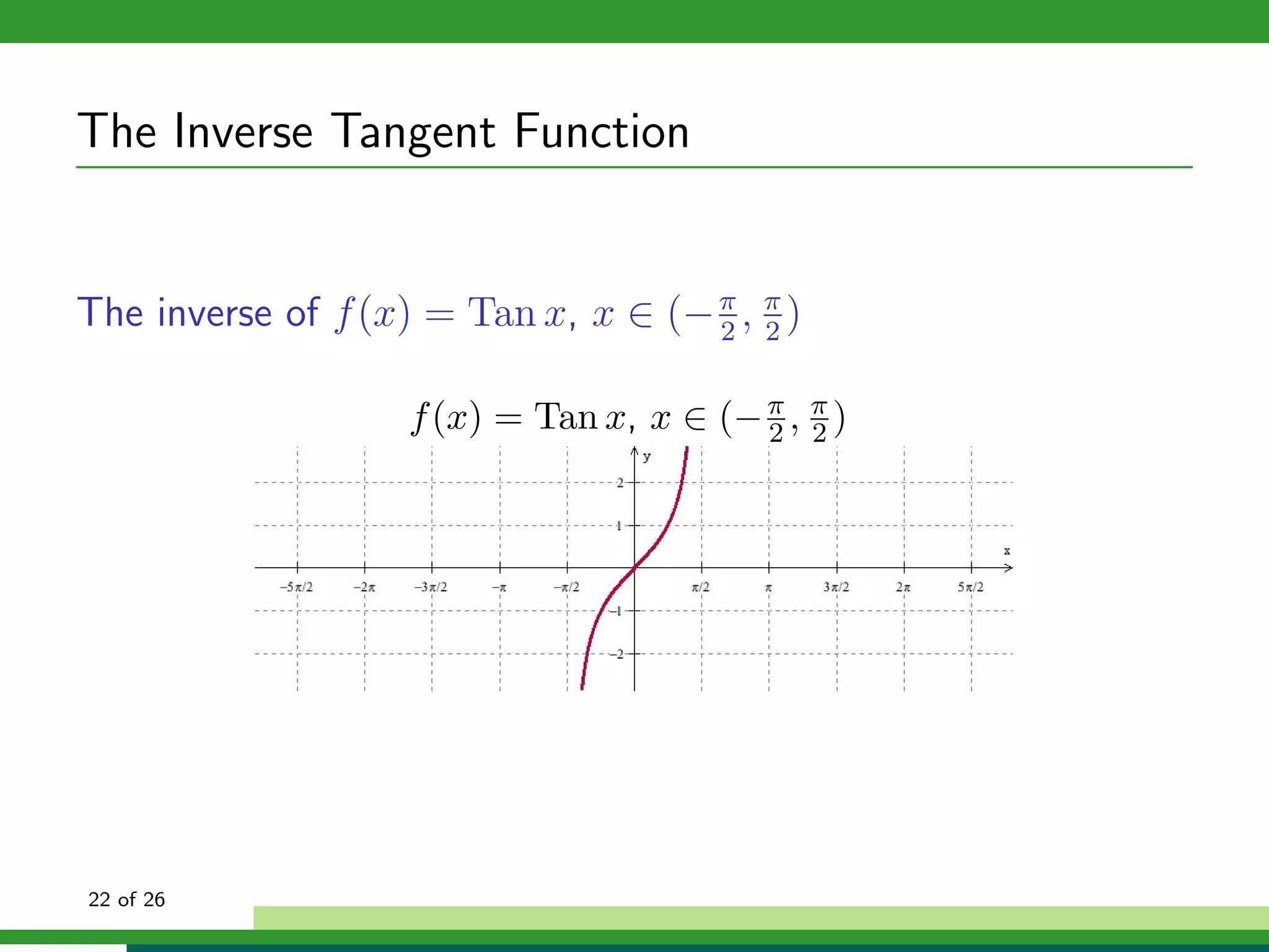 The Inverse Tangent Function


The inverse of f (x) = Tan x, x ∈ (− π , π )
                                     2 2


                    f (x) = Tan x, x ∈ (− π , π )
                                          2 2




22 of 26
 