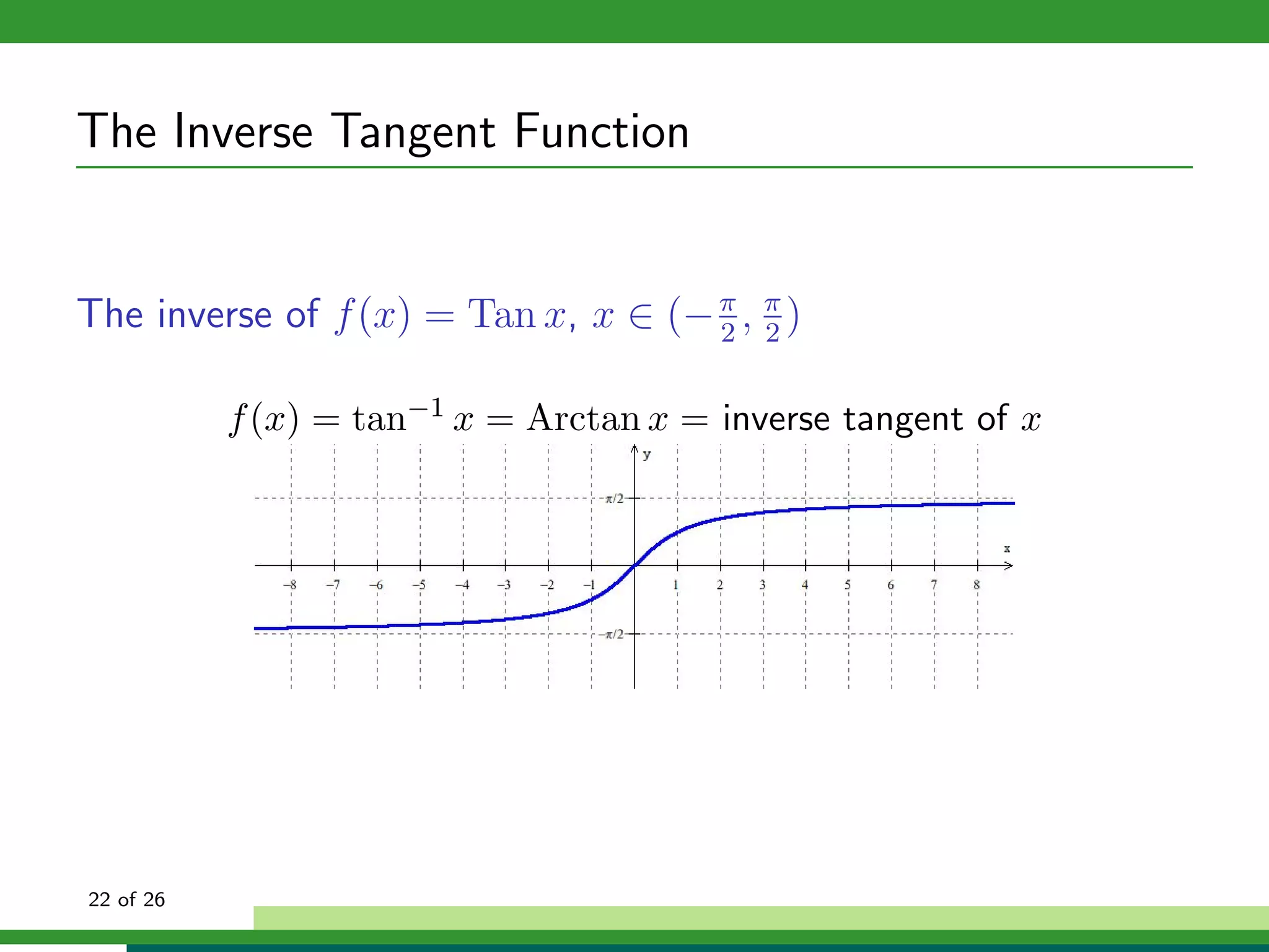 The Inverse Tangent Function


The inverse of f (x) = Tan x, x ∈ (− π , π )
                                     2 2


           f (x) = tan−1 x = Arctan x = inverse tangent of x




22 of 26
 