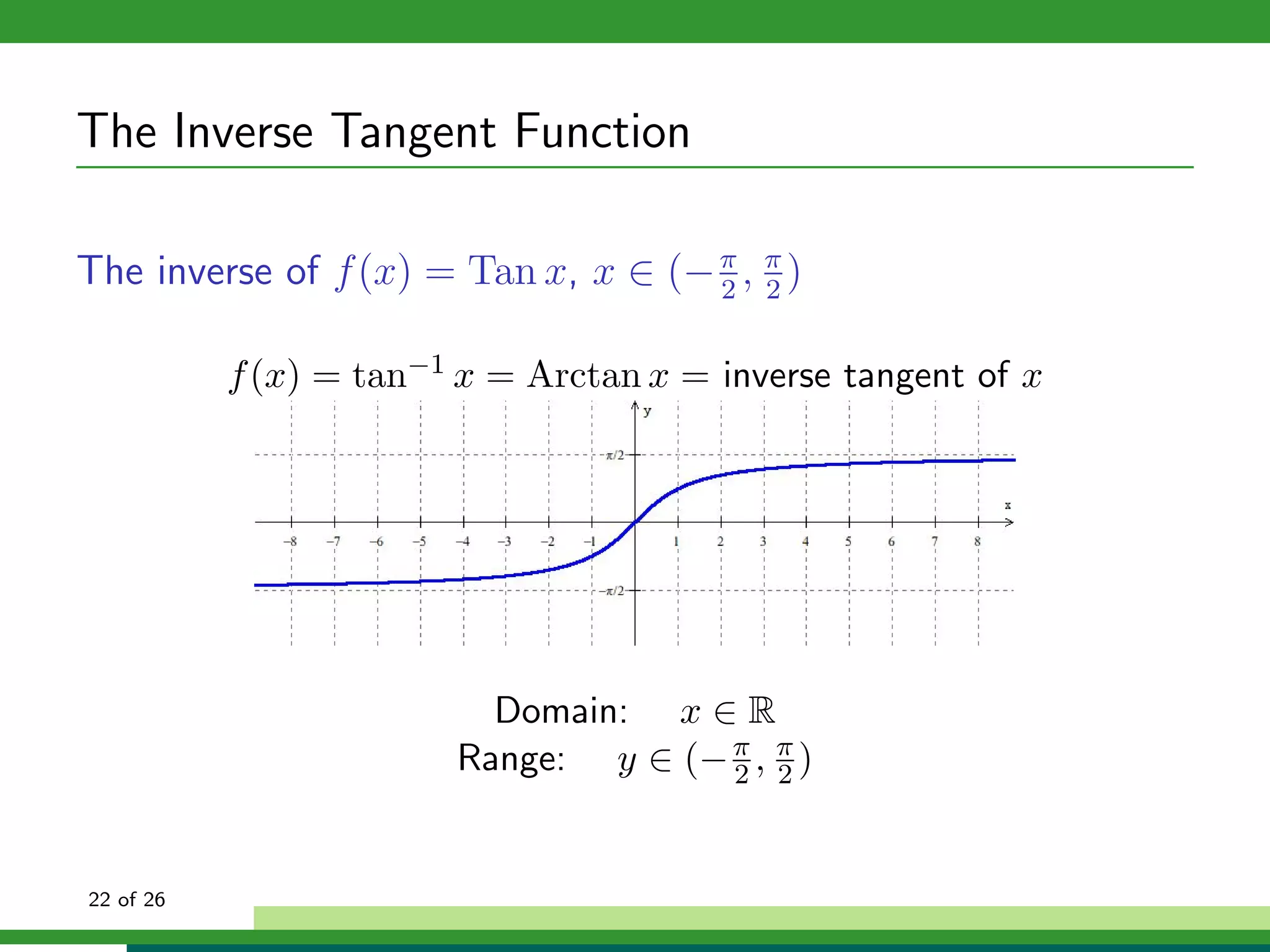 The Inverse Tangent Function

The inverse of f (x) = Tan x, x ∈ (− π , π )
                                     2 2


           f (x) = tan−1 x = Arctan x = inverse tangent of x




                          Domain: x ∈ R
                        Range: y ∈ (− π , π )
                                      2 2



22 of 26
 