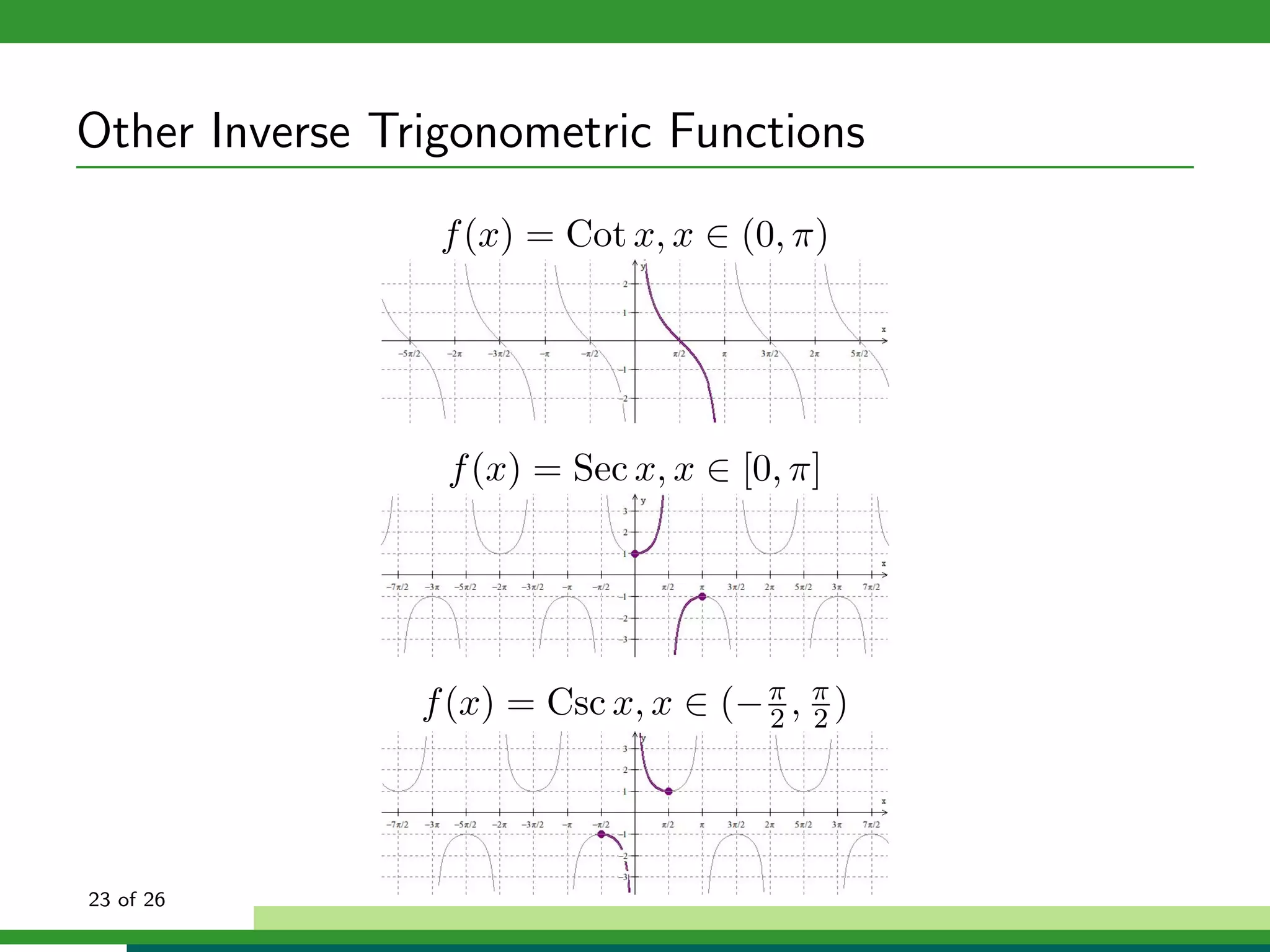 Other Inverse Trigonometric Functions
                 f (x) = Cot x, x ∈ (0, π)




                 f (x) = Sec x, x ∈ [0, π]




                f (x) = Csc x, x ∈ (− π , π )
                                      2 2




23 of 26
 