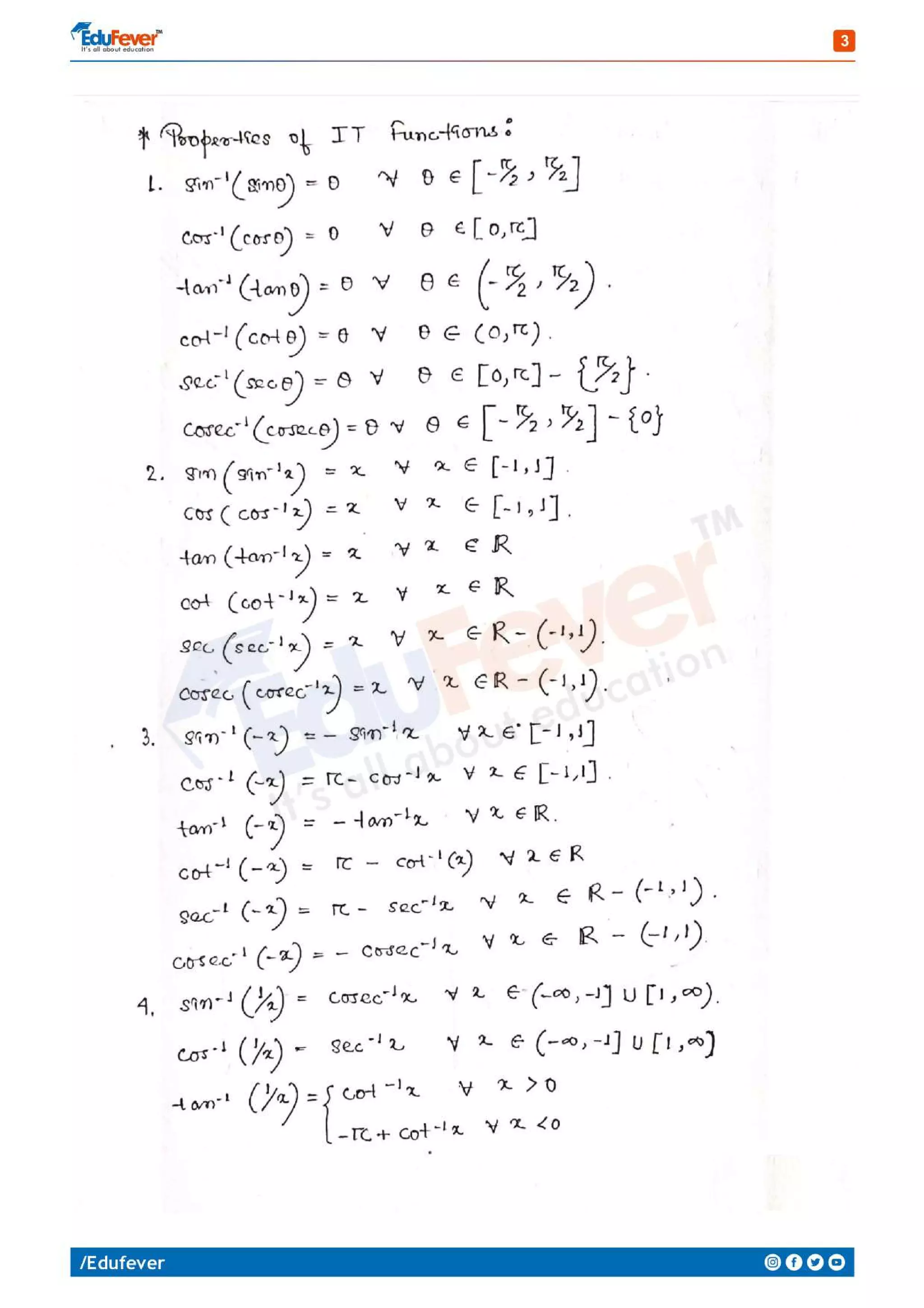 Inverse Trigonometric Functions - Mathematics Handwritten Notes