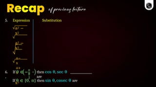 5. Expression Substitution
a2 −
x2
a2 −
x2
a−
x
a+
x
x2
6. If θ ∈ −
,
π
π
2
2
then cos θ, sec θ
are
If θ ∈ [0, π] then sin θ, cosec θ are
 