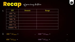 1. ITF Domain Range
sin−1 x
cos−1 x
tan−1x
cot−1 x
sec−1 x
cosec−1x
2. sin−1 x |max = ,
sin−1 x |min =
cos−1 x |max = ,
cos−1 x |min = ,
 