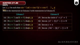Let (x, y) be such that sin−1 ax + cos−1 y + cos−1
bxy
=
π
2
Match the statements in Column I with statements in Column II.
Ans. (A) P; (B) Q; (C) P; (D) S
QUESTION [IIT-JEE
2007]
Column I Column II
(A) If a = 1 and b = 0, thenx, y (P) lies on the circle x2 + y2 = 1
(B) If a = 1 and b = 1, thenx, y (Q) lies on x2 − 1 y2 − 1 = 0
(C) If a = 1 and b = 2, thenx, y (R) lies on y = x
(D) If a = 2 and b = 2, thenx, y (S) lies on 4x2 − 1 y2 − 1 = 0
 