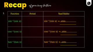 1. Function Period Yaad Rakho
sin−1(sin x) sin−1(sin x) = ൝
cos−1(cos x) cos−1(cos x) = ൝
tan−1(tan x) tan−1(tan x) = ൝
 