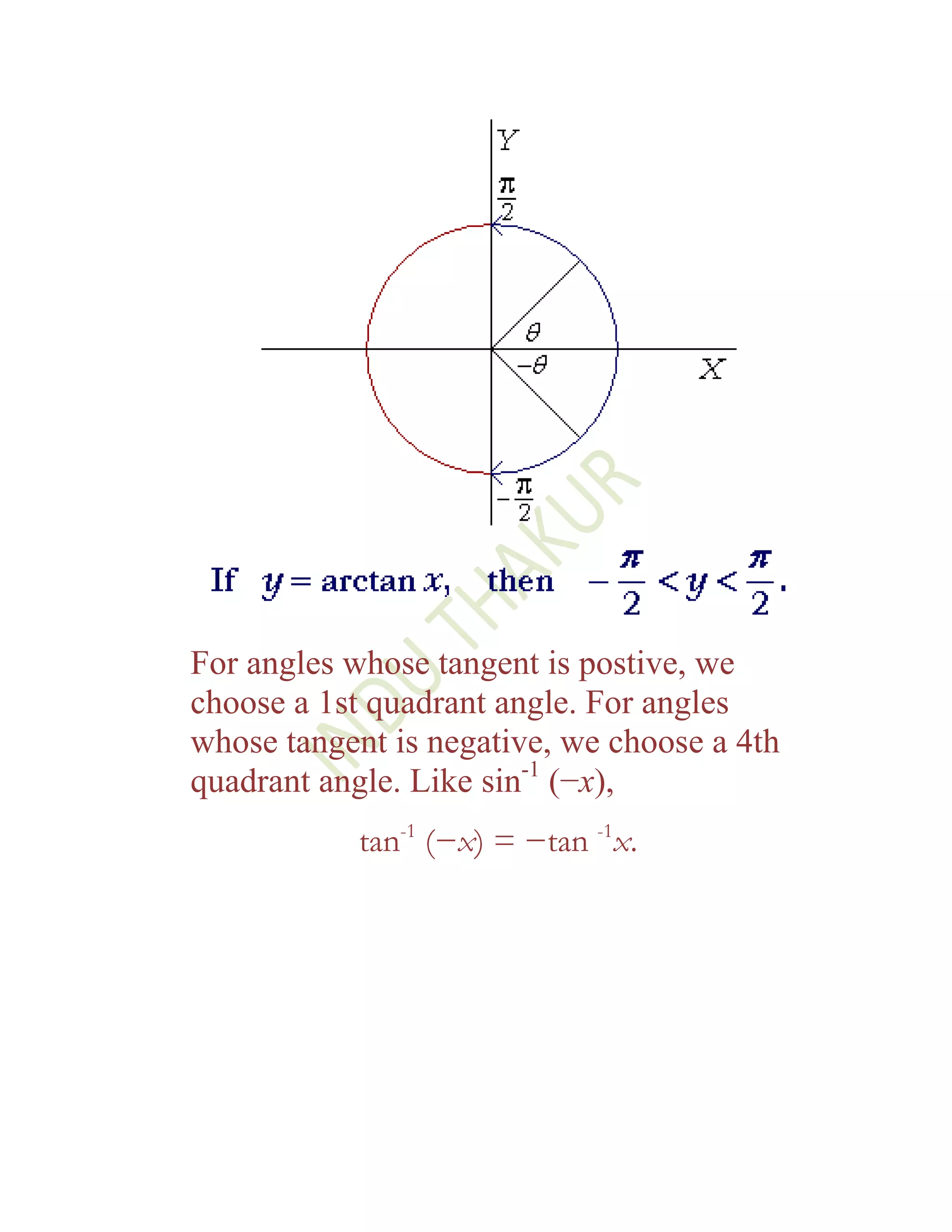 For angles whose tangent is postive, we
choose a 1st quadrant angle. For angles
whose tangent is negative, we choose a 4th
quadrant angle. Like sin-1 (−x),
            tan-1 (−x) = −tan -1x.
 