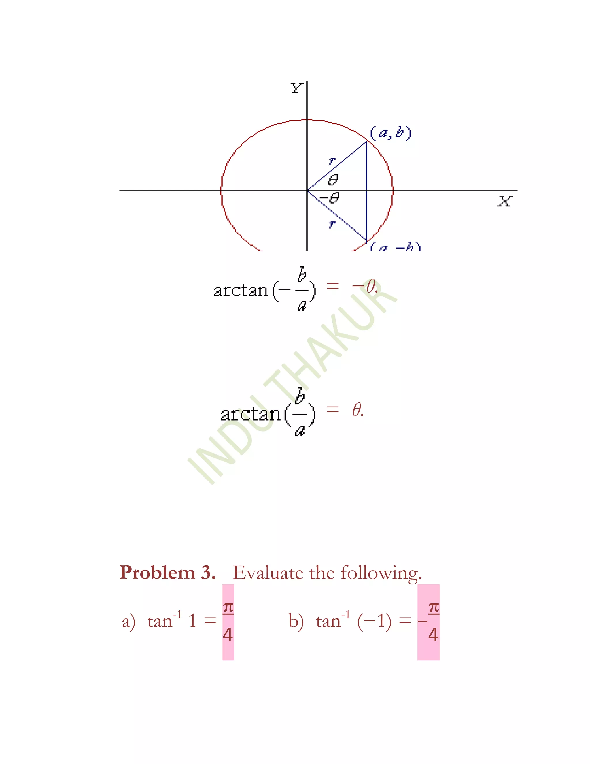 = −θ.




                       = θ.




Problem 3. Evaluate the following.
     -1
           π            -1
                                  π
a) tan 1 =        b) tan (−1) = −
           4                      4
 