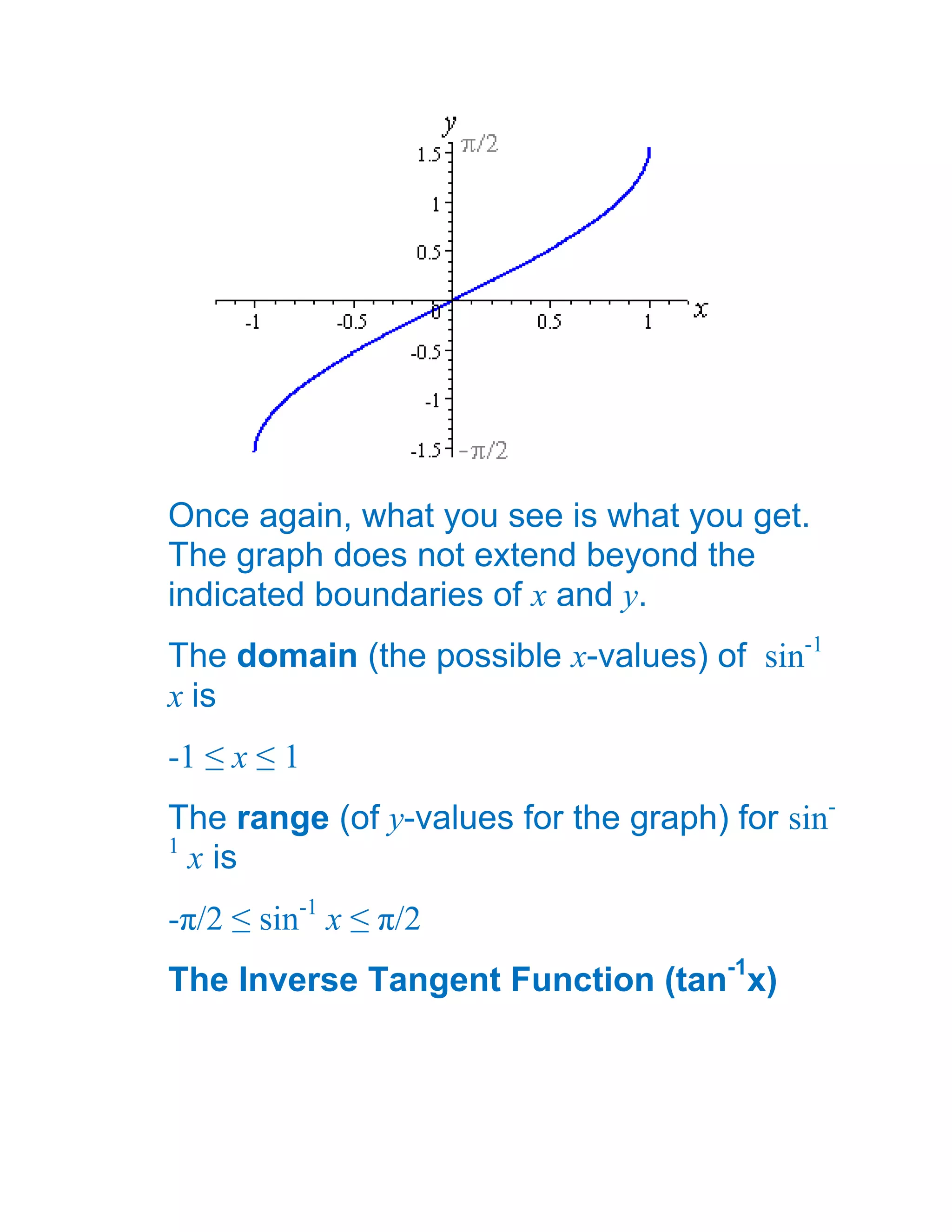 Once again, what you see is what you get.
The graph does not extend beyond the
indicated boundaries of x and y.
The domain (the possible x-values) of sin-1
x is
-1 ≤ x ≤ 1
The range (of y-values for the graph) for sin-
1
  x is
-π/2 ≤ sin-1 x ≤ π/2
The Inverse Tangent Function (tan-1x)
 