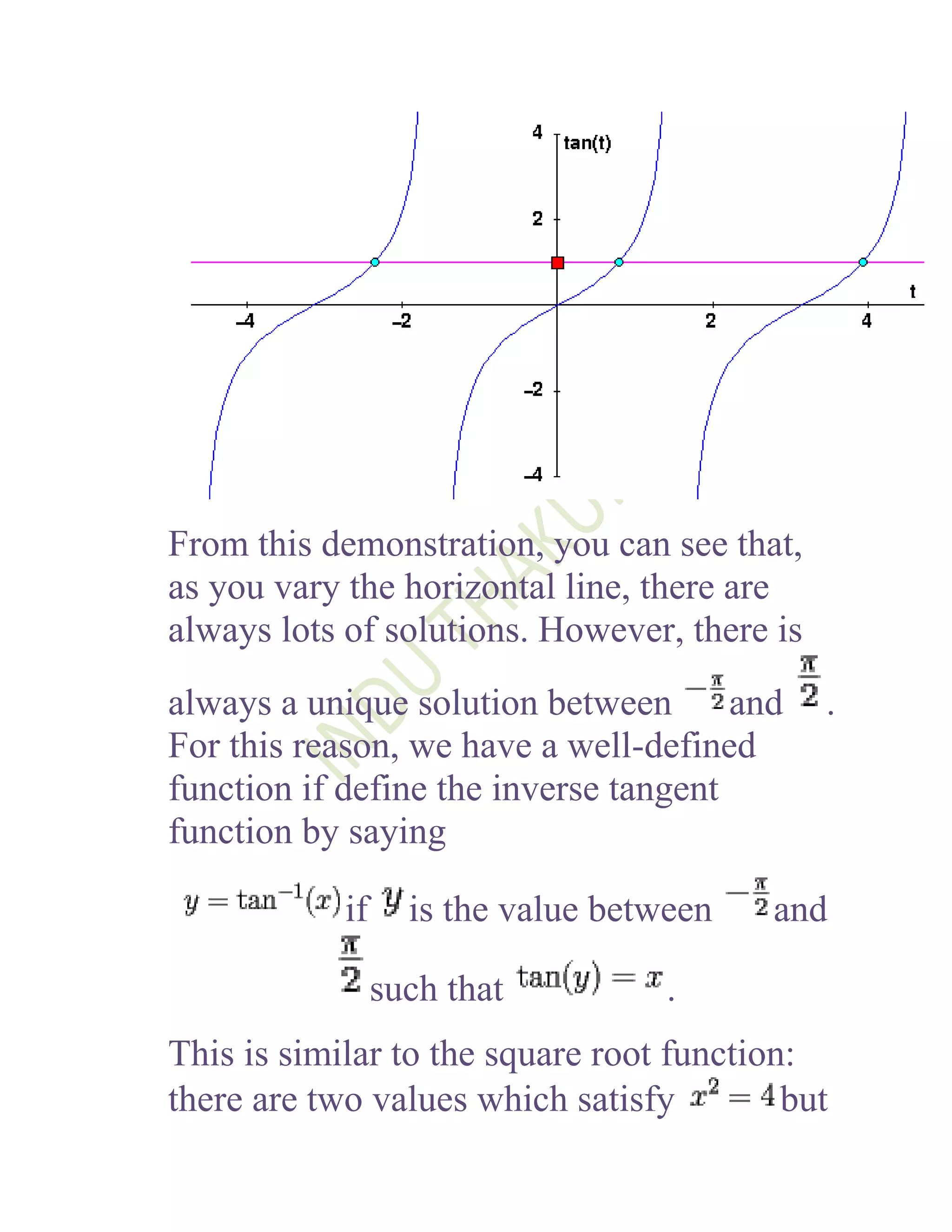 From this demonstration, you can see that,
as you vary the horizontal line, there are
always lots of solutions. However, there is
always a unique solution between       and    .
For this reason, we have a well-defined
function if define the inverse tangent
function by saying

            if     is the value between   and

                 such that         .
This is similar to the square root function:
there are two values which satisfy         but
 