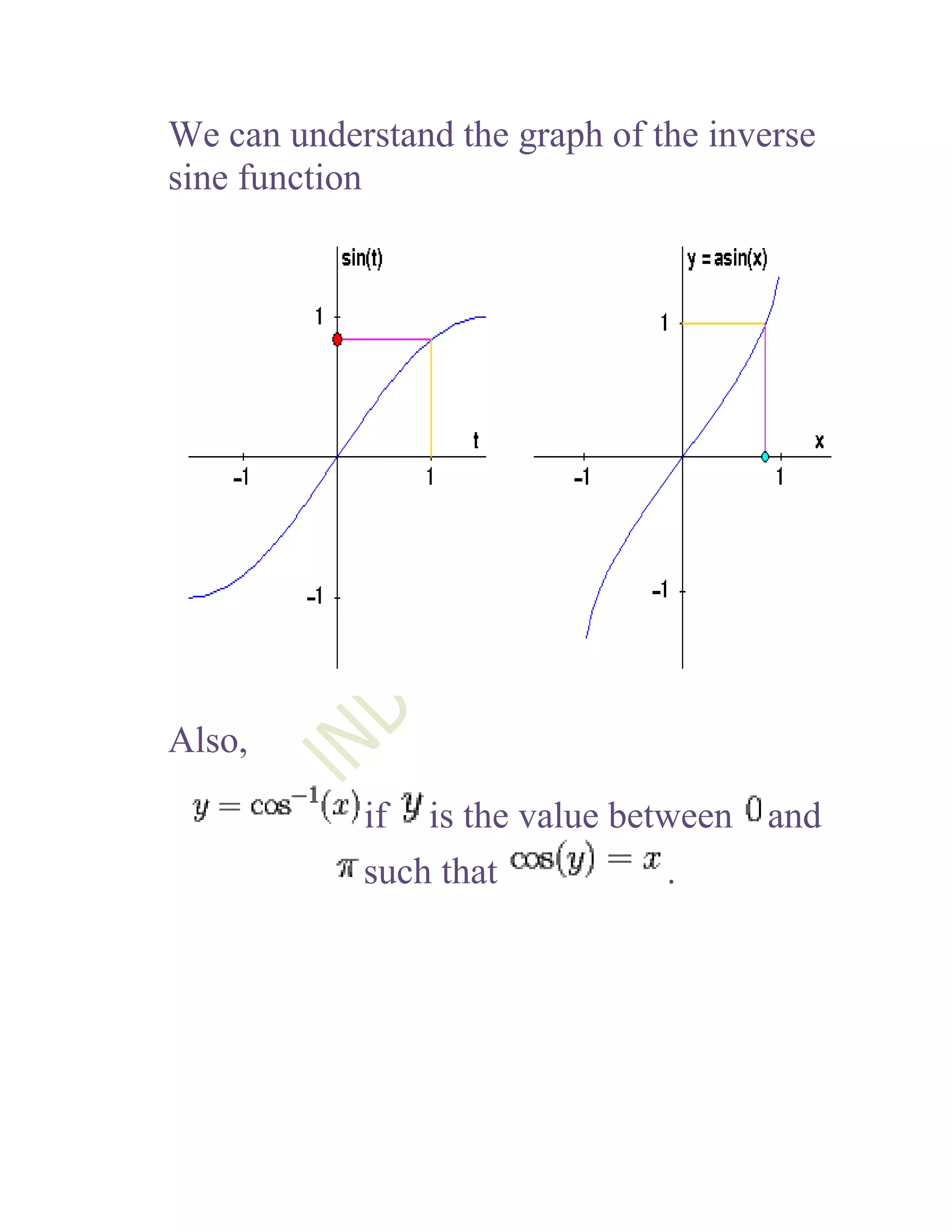 We can understand the graph of the inverse
sine function




Also,

            if is the value between and
            such that          .
 