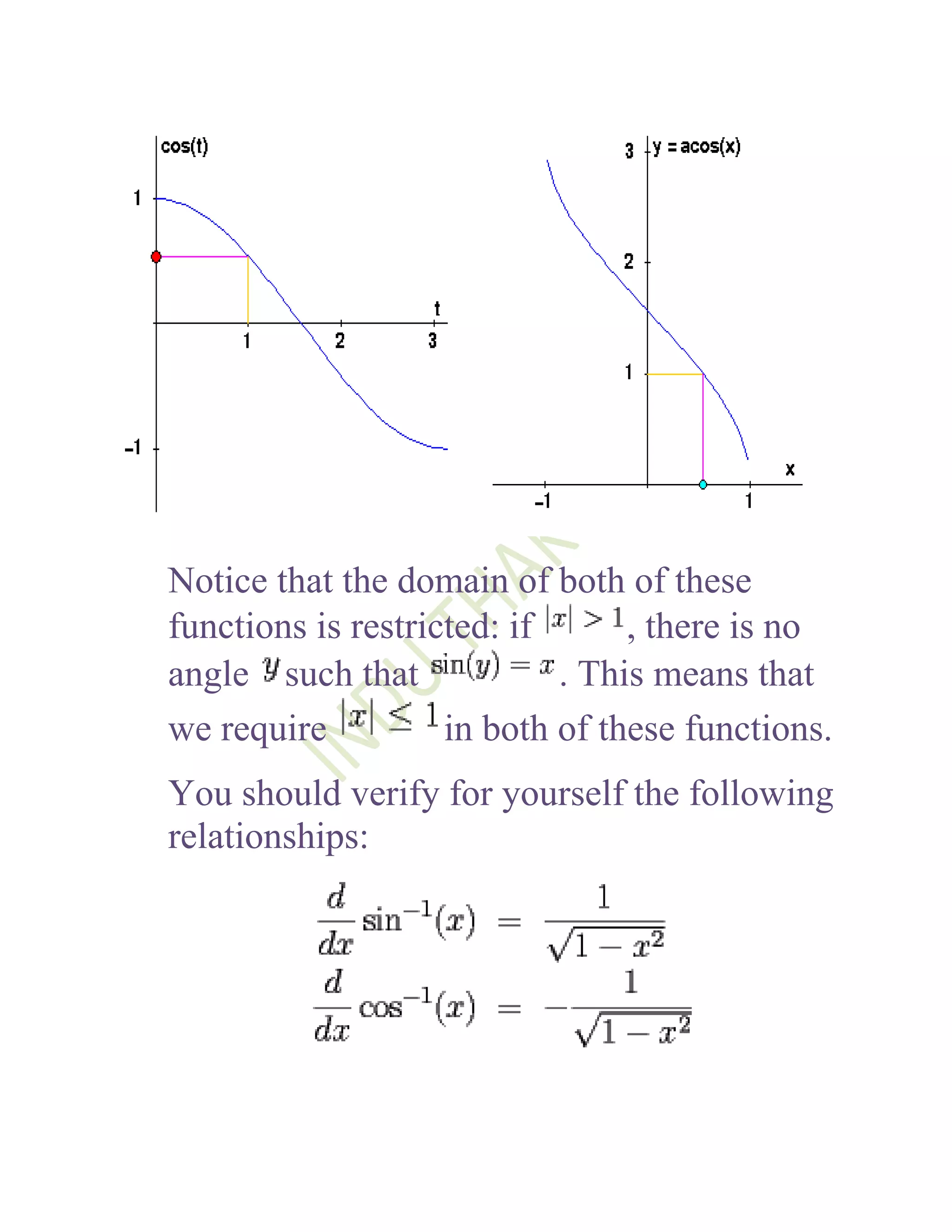 Notice that the domain of both of these
functions is restricted: if      , there is no
angle such that             . This means that
we require          in both of these functions.
You should verify for yourself the following
relationships:
 