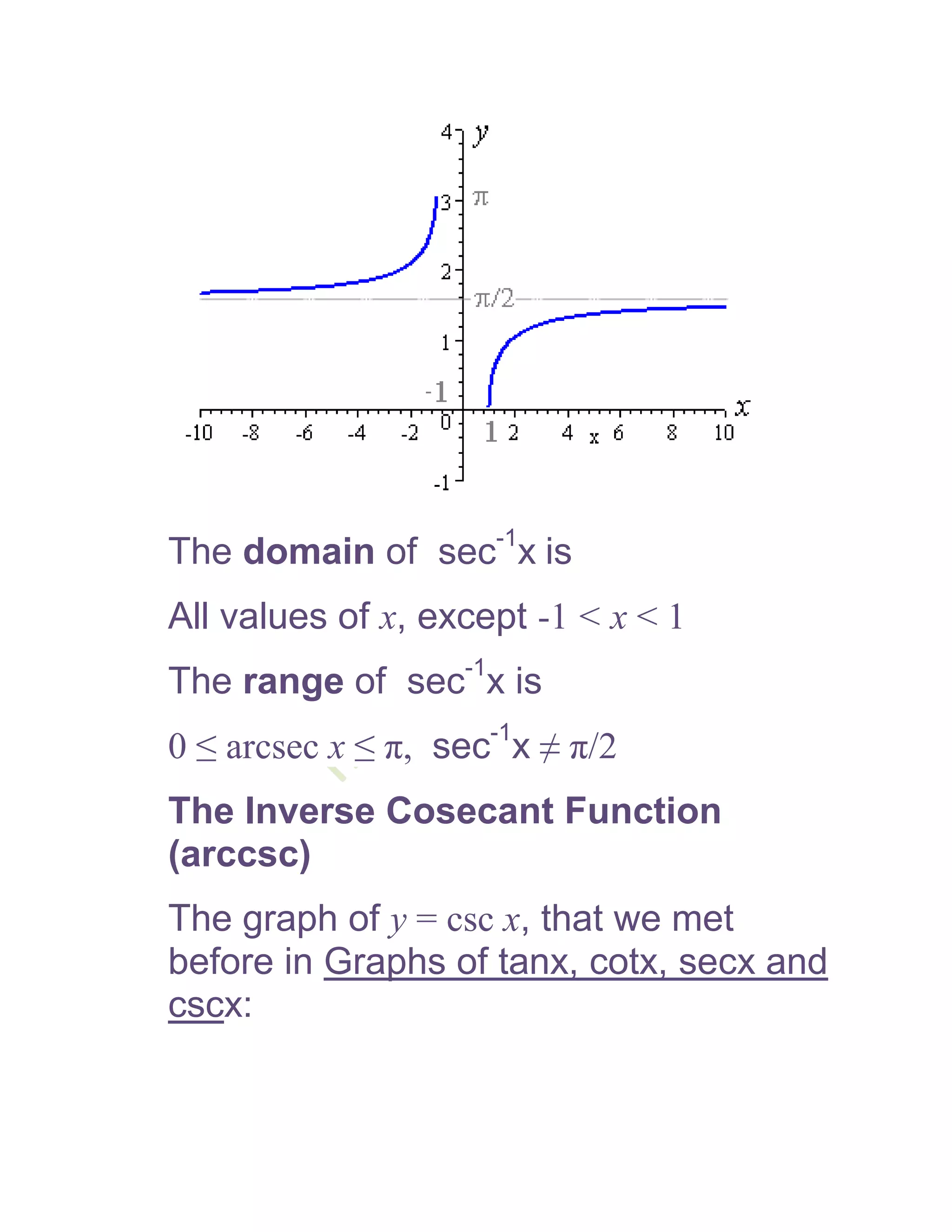 The domain of sec-1x is
All values of x, except -1 < x < 1
The range of sec-1x is
0 ≤ arcsec x ≤ π, sec-1x ≠ π/2
The Inverse Cosecant Function
(arccsc)
The graph of y = csc x, that we met
before in Graphs of tanx, cotx, secx and
cscx:
 