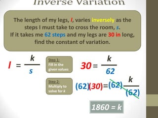 The length of my legs, l, varies inversely as the
        steps I must take to cross the room, s.
If it takes me 62 steps and my legs are 30 in long,
            find the constant of variation.

    k
   ___         Step 1:              k
                                   ___
l = s          Fill in the
               given values    30 = 62
               Step 2:                       k
                                            ___
               Multiply to    (62)(30)=(62)
               solve for k
                                               (62)
                                  1860 = k
 