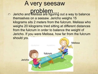 A very seesaw 
problem… 
Jericho and Melissa are figuring out a way to balance 
themselves on a seesaw. Jericho weighs 15 
kilograms sits 2 meters from the fulcrum. Melissa who 
weighs 20 kilograms tried sitting at different distances 
from the fulcrum in order to balance the weight of 
Jericho. If you were Melissa, how far from the fulcrum 
should you sit? 
fulcrum 
Melissa 
Jericho 
 