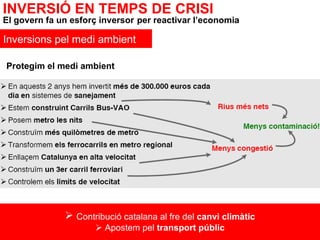 Contribució catalana al fre del  canvi climàtic   Apostem pel  transport públic INVERSIÓ EN TEMPS DE CRISI El govern fa un esforç inversor   per reactivar l’economia Inversions pel medi ambient Protegim el medi ambient 
