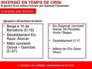 Berga a 1h de Barcelona (C-16) Desdoblament Eix Reus- Alcover Millor connexió Osona – Garrotxa  (C-37) Eix Diagonal: connexió Garraf, Alt Penedès, Anoia i Bages Desdoblament C-17 Millora de l’Eix Olost- Olvan    Apostem per  enfortir  i  cohesionar  els territoris INVERSIÓ EN TEMPS DE CRISI El govern fa un esforç inversor   per reactivar l’economia Inversions pels territoris Apropem i dinamitzem territoris 