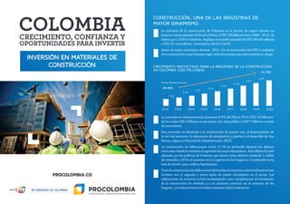 INVERSIÓN EN MATERIALES DE
CONSTRUCCIÓN
CONSTRUCCIÓN, UNA DE LAS INDUSTRIAS DE
MAYOR DINAMISMO.
CRECIMIENTO PROYECTADO PARA LA INDUSTRIA DE LA CONSTRUCCIÓN
EN COLOMBIA (USD MILLONES)
La industria de la construcción de Colombia es la tercera de mayor tamaño en
América Latina después de Brasil y México (USD 109 billones entre 2008 - 2012). Se
espera que a 2020 la industria duplique su tamaño pasando de USD 28 mil millones
a USD 52 mil millones (crecimiento del 8,5 CAGR).
Sector de mayor crecimiento durante 2013. Con un incremento del 9,8% la industria
delaconstrucciónocupóelprimerlugar entrelossectoresquemáscrecieronen elpaís.
La inversión en infraestructura alcanzará el 3% del PIB en 2014 (USD 10 billones),
de los cuales USD 3 billones se ejecutarán por obra pública y USD 7 billones a través
de concesiones.
Esta inversión se destinará a la construcción de nuevas vías, el mejoramiento de
la red vial existente, la adecuación de aeropuertos y puertos y el desarrollo de vías
férreas, (Agencia Nacional de Infraestructura, 2013).
La construcción de edificaciones creció 11,1% en promedio durante los últimos
cinco años siendo la vivienda el segmento de mayor dinamismo. Este último ha sido
jalonado por las políticas de Gobierno que tienen como objetivo construir 1 millón
de viviendas a 2014, el aumento en los ingresos de los hogares y la reducción en la
tasa de interés para créditos hipotecarios.
Tantolaconstruccióndeedificacionesdestinadasalcomerciocomolainfraestructura
hotelera son el segundo y tercer nicho de mayor crecimiento en el sector. Las
edificaciones de comercio se han incrementado como complemento al crecimiento
de la construcción de vivienda y a un aumento continuo en el consumo de los
hogares; y la infraestructura hotelera aumenta dada la existencia
Fuente: Business Monitor.
2012
7.0%
28.600
51.700
8.2%
9.1%
9.7%
9.3%
10.2%
8.4%
6.6%
2013 2014 2015 2016 2017 2018 2019 2020
 