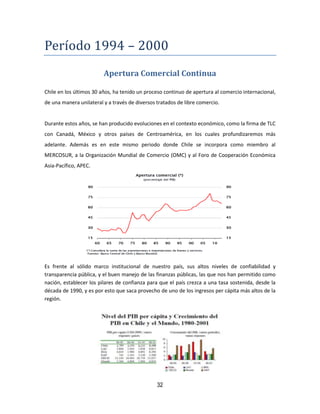 32
Período 1994 – 2000
Apertura Comercial Continua
Chile en los últimos 30 años, ha tenido un proceso continuo de apertura al comercio internacional,
de una manera unilateral y a través de diversos tratados de libre comercio.
Durante estos años, se han producido evoluciones en el contexto económico, como la firma de TLC
con Canadá, México y otros países de Centroamérica, en los cuales profundizaremos más
adelante. Además es en este mismo periodo donde Chile se incorpora como miembro al
MERCOSUR, a la Organización Mundial de Comercio (OMC) y al Foro de Cooperación Económica
Asia-Pacífico, APEC.
Es frente al sólido marco institucional de nuestro país, sus altos niveles de confiabilidad y
transparencia pública, y el buen manejo de las finanzas públicas, las que nos han permitido como
nación, establecer los pilares de confianza para que el país crezca a una tasa sostenida, desde la
década de 1990, y es por esto que saca provecho de uno de los ingresos per cápita más altos de la
región.
 
