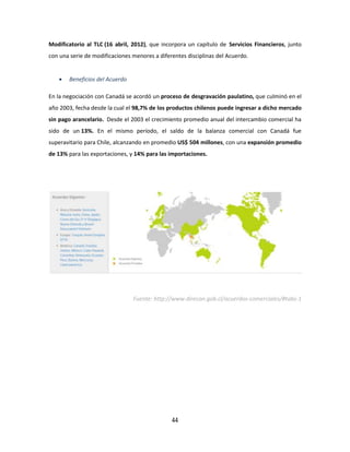 44
Modificatorio al TLC (16 abril, 2012), que incorpora un capítulo de Servicios Financieros, junto
con una serie de modificaciones menores a diferentes disciplinas del Acuerdo.
 Beneficios del Acuerdo
En la negociación con Canadá se acordó un proceso de desgravación paulatino, que culminó en el
año 2003, fecha desde la cual el 98,7% de los productos chilenos puede ingresar a dicho mercado
sin pago arancelario. Desde el 2003 el crecimiento promedio anual del intercambio comercial ha
sido de un 13%. En el mismo período, el saldo de la balanza comercial con Canadá fue
superavitario para Chile, alcanzando en promedio US$ 504 millones, con una expansión promedio
de 13% para las exportaciones, y 14% para las importaciones.
Fuente: http://www.direcon.gob.cl/acuerdos-comerciales/#tabs-1
 