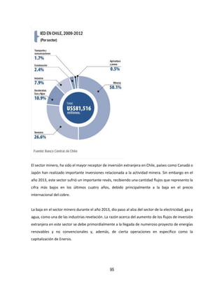 95
El sector minero, ha sido el mayor receptor de inversión extranjera en Chile, países como Canadá o
Japón han realizado importante inversiones relacionada a la actividad minera. Sin embargo en el
año 2013, este sector sufrió un importante revés, recibiendo una cantidad flujos que represento la
cifra más bajos en los últimos cuatro años, debido principalmente a la baja en el precio
internacional del cobre.
La baja en el sector minero durante el año 2013, dio paso al alza del sector de la electricidad, gas y
agua, como una de las industrias revelación. La razón acerca del aumento de los flujos de inversión
extranjera en este sector se debe primordialmente a la llegada de numeroso proyecto de energías
renovables y no convencionales y, además, de cierta operaciones en específico como la
capitalización de Enersis.
 