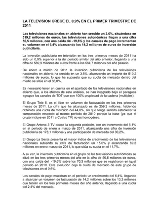 LA TELEVISION CRECE EL 0,9% EN EL PRIMER TRIMESTRE DE
2011
Las televisiones nacionales en abierto han crecido un 3,6%, situándose en
519,2 millones de euros, las televisiones autonómicas llegan a una cifra
56,5 millones, con una caída del -19,6% y los canales de pago incrementan
su volumen en el 6,4% alcanzando los 14,2 millones de euros de inversión
publicitaria.
La inversión publicitaria en televisión en los tres primeros meses de 2011 ha
sido un 0,9% superior a la del período similar del año anterior, llegando a una
cifra de 589,9 millones de euros frente a los 584,7 millones del año pasado.
De enero a marzo de 2011 la inversión publicitaria de las televisiones
nacionales en abierto ha crecido en un 3,6%, alcanzando un importe de 519,2
millones de euros, lo que ha supuesto que su cuota de mercado dentro del
medio se sitúe en el 88,0%.
Es necesario tener en cuenta en el apartado de las televisiones nacionales en
abierto que, a los efectos de este análisis, se han integrado bajo el paraguas
«grupo» los canales de TDT que son 100% propiedad de la cadena (multiplex).
El Grupo Tele 5, es el líder en volumen de facturación en los tres primeros
meses de 2011. La cifra que ha alcanzado es de 259,3 millones, habiendo
obtenido una cuota de mercado del 44,0%, sin que tenga sentido establecer la
comparación respecto al mismo período de 2010 porque la base (ya que el
grupo incluye en 2011 a Cuatro TV) no es homogénea.
El Grupo Antena 3 TV ocupa la segunda posición, con un incremento del 6,1%
en el período de enero a marzo de 2011, alcanzando una cifra de inversión
publicitaria de 178,1 millones y una participación de mercado del 30,2%.
El Grupo La Sexta presenta el mayor índice de crecimiento de las televisiones
nacionales subiendo su cifra de facturación un 15,0% y alcanzando 69,2
millones en enero-marzo de 2011, lo que sitúa su cuota en el 11,7%.
A su vez, la inversión publicitaria en el grupo de las televisiones autonómicas se
situó en los tres primeros meses del año en la cifra de 56,5 millones de euros,
con una caída del -19,6% sobre los 70,3 millones que se registraron en igual
período en 2010. Esta evolución deja la cuota de mercado de este grupo de
televisiones en el 9,6%.
Los canales de pago muestran en el período un crecimiento del 6,4%, llegando
a alcanzar un volumen de facturación de 14,2 millones sobre los 13,3 millones
que tenían en los tres primeros meses del año anterior, llegando a una cuota
del 2,4% del mercado.
 