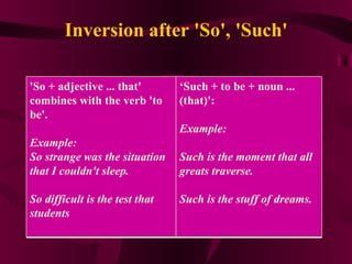 Inversion after 'So', 'Such' 'So + adjective ... that' combines with the verb 'to be'. Example: So strange was the situation that I couldn't sleep. So difficult is the test that students ‘ Such + to be + noun ... (that)': Example: Such is the moment that all greats traverse. Such is the stuff of dreams. 