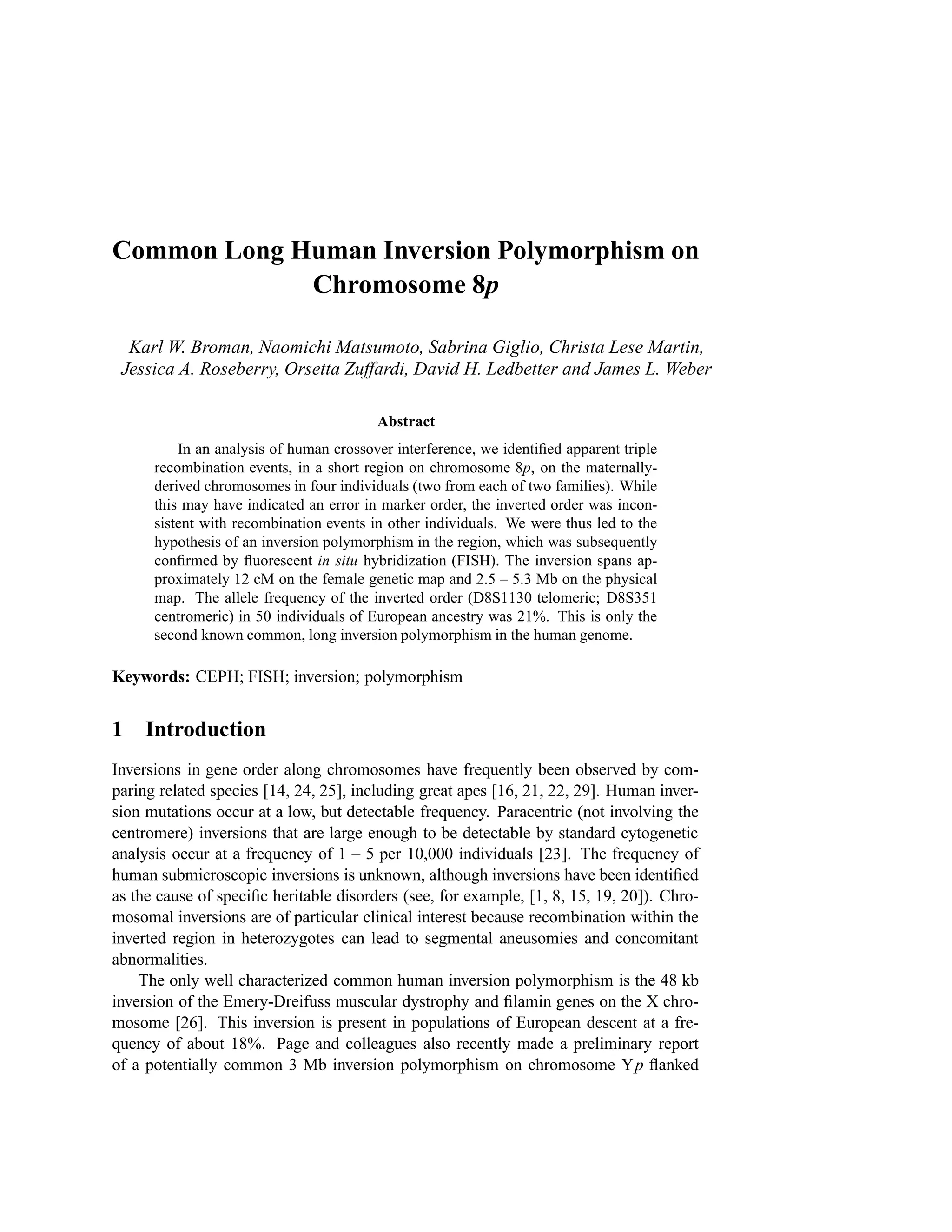 Common Long Human Inversion Polymorphism on
             Chromosome 8p

  Karl W. Broman, Naomichi Matsumoto, Sabrina Giglio, Christa Lese Martin,
 Jessica A. Roseberry, Orsetta Zuffardi, David H. Ledbetter and James L. Weber

                                         Abstract
          In an analysis of human crossover interference, we identiﬁed apparent triple
      recombination events, in a short region on chromosome 8p, on the maternally-
      derived chromosomes in four individuals (two from each of two families). While
      this may have indicated an error in marker order, the inverted order was incon-
      sistent with recombination events in other individuals. We were thus led to the
      hypothesis of an inversion polymorphism in the region, which was subsequently
      conﬁrmed by ﬂuorescent in situ hybridization (FISH). The inversion spans ap-
      proximately 12 cM on the female genetic map and 2.5 – 5.3 Mb on the physical
      map. The allele frequency of the inverted order (D8S1130 telomeric; D8S351
      centromeric) in 50 individuals of European ancestry was 21%. This is only the
      second known common, long inversion polymorphism in the human genome.

Keywords: CEPH; FISH; inversion; polymorphism


1 Introduction
Inversions in gene order along chromosomes have frequently been observed by com-
paring related species [14, 24, 25], including great apes [16, 21, 22, 29]. Human inver-
sion mutations occur at a low, but detectable frequency. Paracentric (not involving the
centromere) inversions that are large enough to be detectable by standard cytogenetic
analysis occur at a frequency of 1 – 5 per 10,000 individuals [23]. The frequency of
human submicroscopic inversions is unknown, although inversions have been identiﬁed
as the cause of speciﬁc heritable disorders (see, for example, [1, 8, 15, 19, 20]). Chro-
mosomal inversions are of particular clinical interest because recombination within the
inverted region in heterozygotes can lead to segmental aneusomies and concomitant
abnormalities.
    The only well characterized common human inversion polymorphism is the 48 kb
inversion of the Emery-Dreifuss muscular dystrophy and ﬁlamin genes on the X chro-
mosome [26]. This inversion is present in populations of European descent at a fre-
quency of about 18%. Page and colleagues also recently made a preliminary report
of a potentially common 3 Mb inversion polymorphism on chromosome Yp ﬂanked
 
