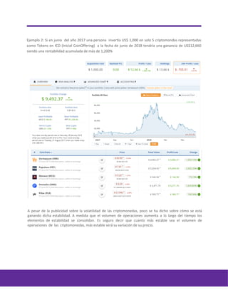 Ejemplo 2: Si en junio del año 2017 una persona invertía US$ 1,000 en solo 5 criptomondas representadas
como Tokens en ICO (Inicial CoinOffering) a la fecha de junio de 2018 tendría una ganancia de US$12,660
siendo una rentabilidad acumulada de más de 1,200%
A pesar de la publicidad sobre la volatilidad de las criptomonedas, poco se ha dicho sobre cómo se está
ganando dicha estabilidad. A medida que el volumen de operaciones aumenta a lo largo del tiempo los
elementos de estabilidad se consolidan. Es seguro decir que cuanto más estable sea el volumen de
operaciones de las criptomonedas, más estable será su variación de su precio.
 