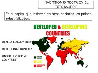 INVERSION DIRECTA EN EL
EXTRANJERO
Es el capital que invierten en otras naciones los países
industrializados.
DEVELOPED COUNTRIES
DEVELOPING COUNTRIES
UNDER DEVELOPING
COUNTRIES
 