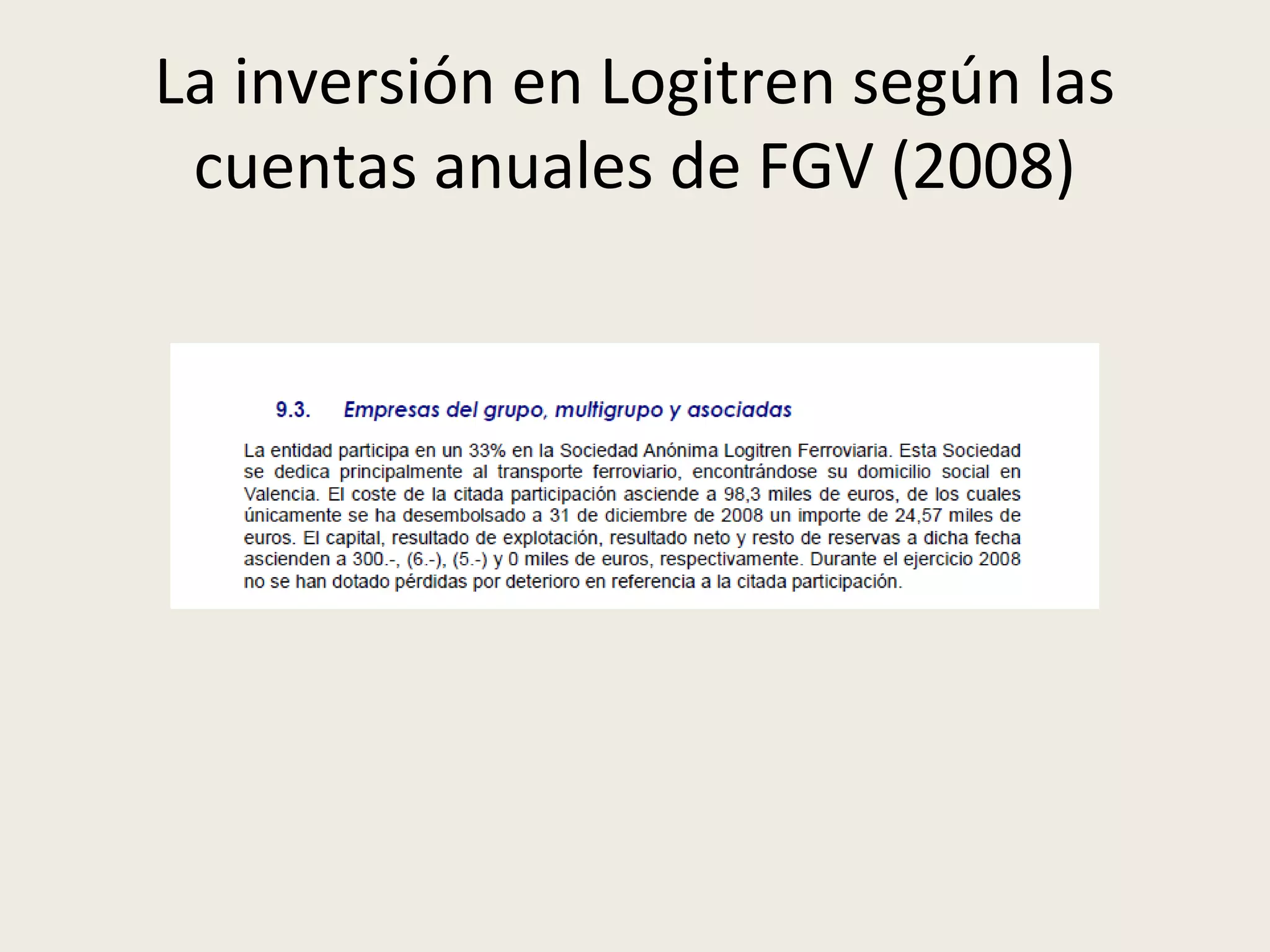 La inversión en Logitren según las
cuentas anuales de FGV (2008)