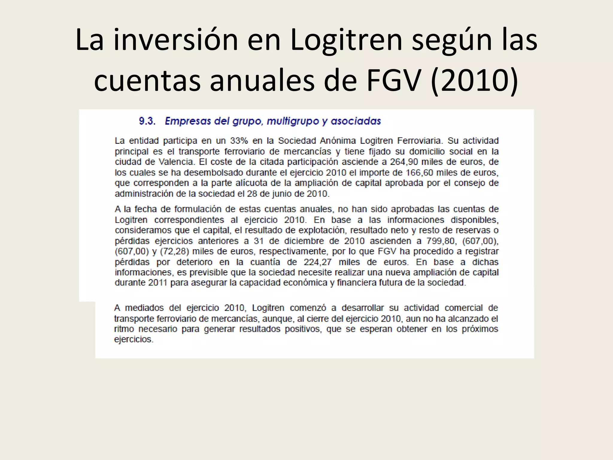 La inversión en Logitren según las
cuentas anuales de FGV (2010)